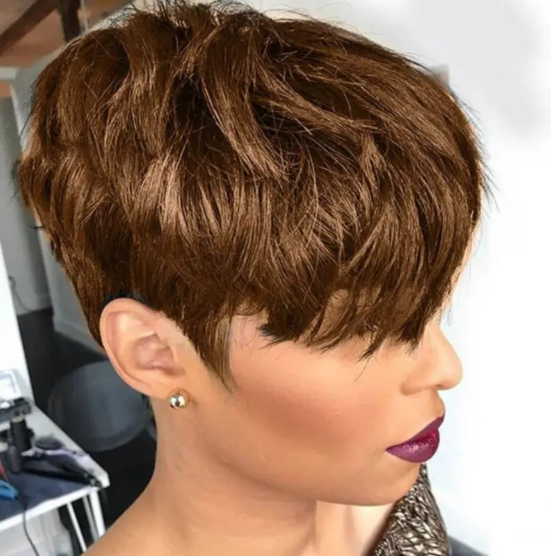 Tamara | Pixie Cut Human Hair Wig - 4/27-Med Brown/Strawberry Blonde - Wigs