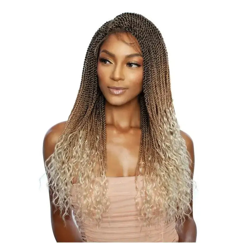 Dezzy braided synthetic wig with long twist braids and highlighted blonde T1B/613 Pink color, offering a durable, stylish, and versatile look for a bold fashion statement.