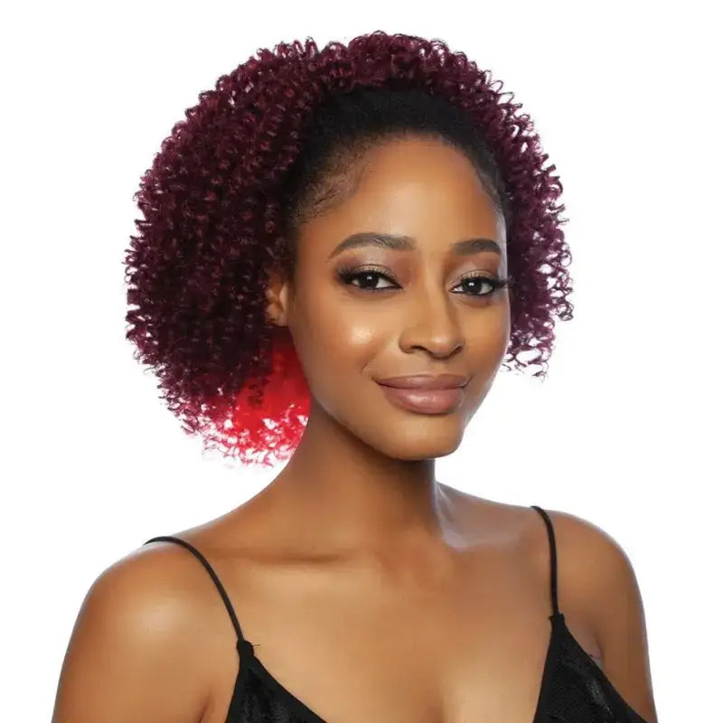 Roz Afro Wig with natural-looking coil curls, short 8-inch length, made from premium synthetic fibers, offering soft texture, full volume, and secure fit with 4 combs.