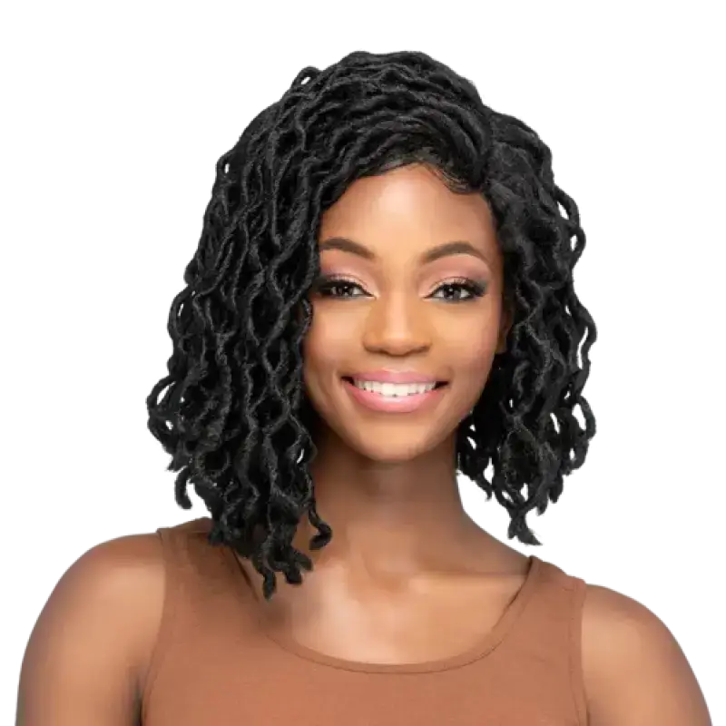 Tailor wavy loc bob wig, 11-inch synthetic hair with invisible left side part and Pure Stretch Cap for a comfortable, natural look and feel.