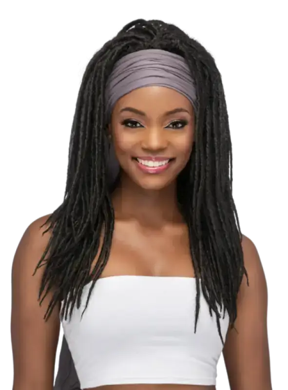 Royce long wig with 23-inch stretched loc braids, featuring a stylish gray head wrap, made from high-quality synthetic fiber and available in 6 colors.