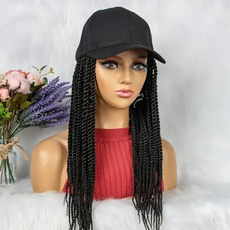 20-inch long braided wig with attached black ball cap, made from premium synthetic fibers for a natural, stylish, and comfortable fit.