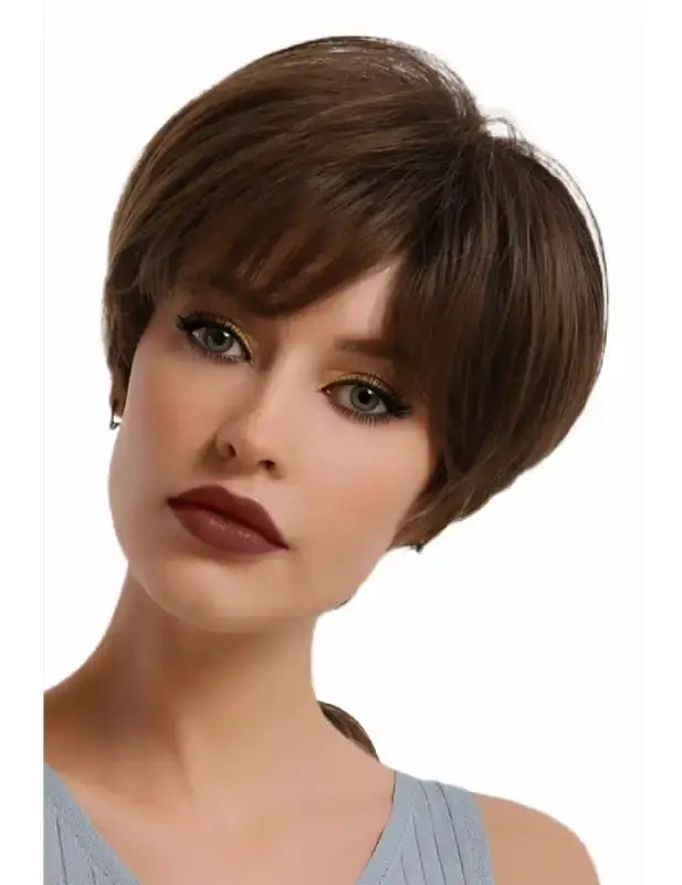 Classic short bob wig with soft bangs in premium synthetic fiber, offering a natural look and feel. Available in 3 stylish colors for versatile elegance.