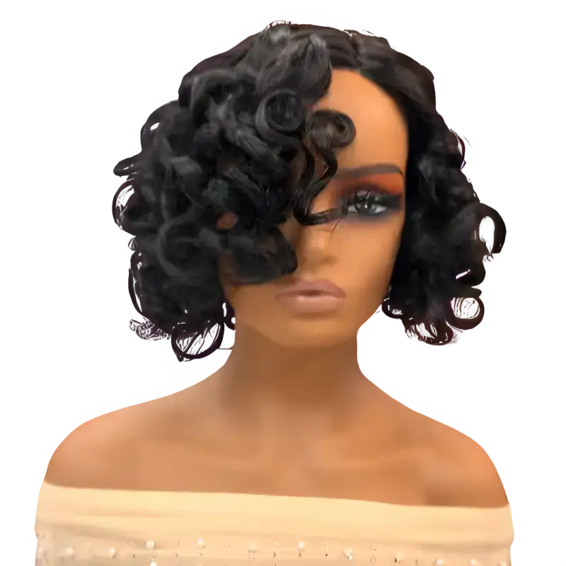 Crystal synthetic wig with short to medium-length tight curls for a voluminous, textured look.