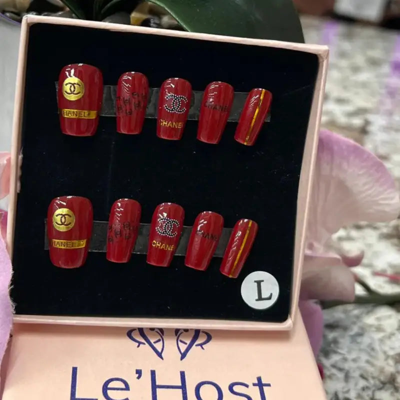 CHANEL RED Large  DESIGNER SHORT CUSTOM GEL NAILS Nails LE' HOST HAIR & WIGS