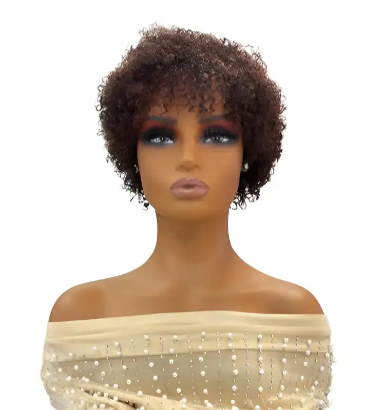 Florida short curly human hair wig with afro-style tight curls and wispy bangs in Dark Brown.