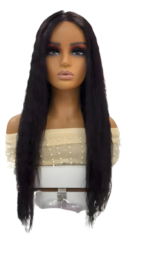 Kinky Straight Human Hair Wig with natural 1B Black color, textured finish, built-in band, and combs. Available in 18", 20", and 22" lengths.