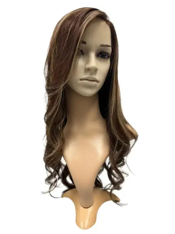 A luxurious 28-inch human hair wig named Marlyn, featuring a TTF4/16 color blend with a deep brown base transitioning into soft, sun-kissed highlights. Perfect for a natural, stylish look.