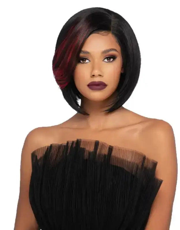 Layered angle bob wig with feathered side band and invisible part, heat-friendly synthetic hair for customizable styling