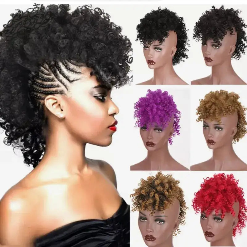 Moni Afro Mohawk Wig featuring bold mohawk design, afro curly and kinky curly textures, available in 11 vibrant colors for a standout, voluminous look.