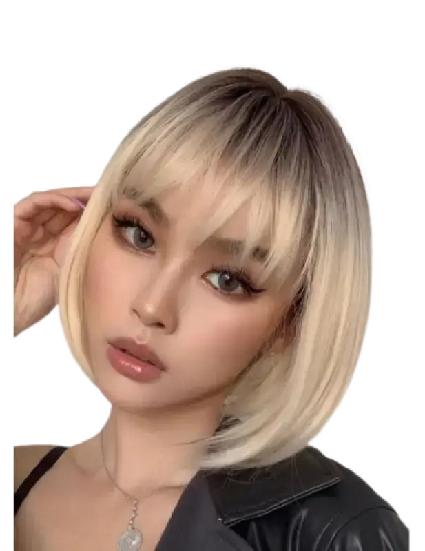 Nova Blonde Bob Wig featuring a shoulder-length bob cut with soft bangs, crafted from high-quality synthetic hair for a chic and elegant look