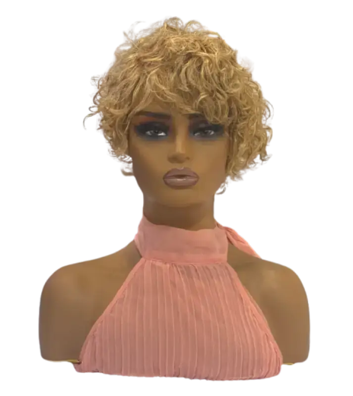 Mannequin head with a blonde wig on a white surface, with other mannequin heads in the background.