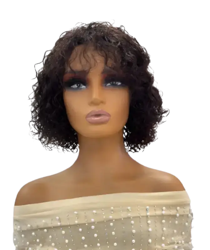 Betty short curly human hair wig with wispy bangs in Dark Brown for a youthful, casual look.