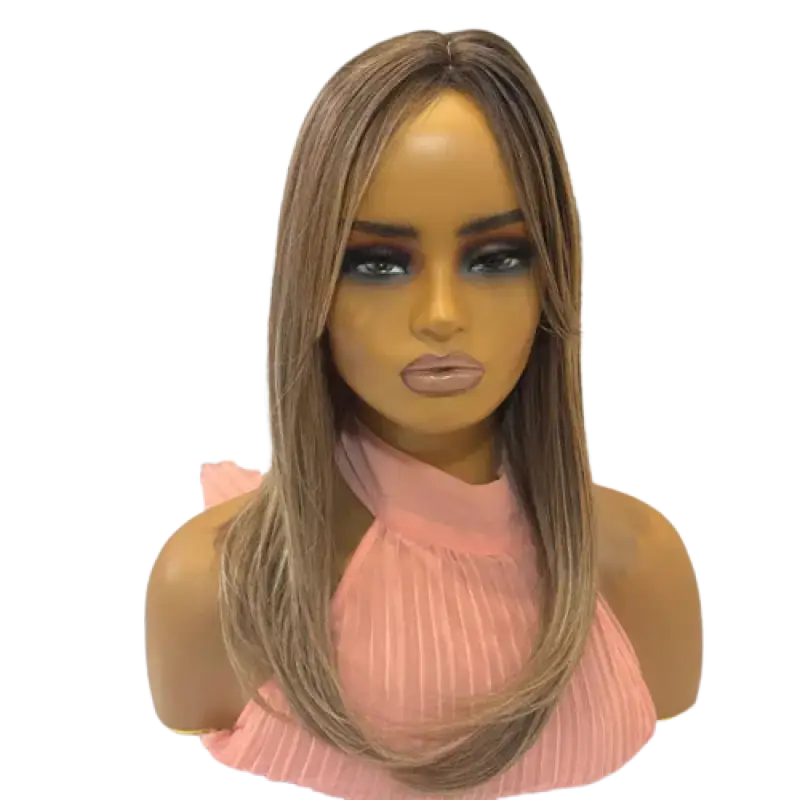 Mannequin head with blonde wig in front of a display of wigs with 'Host Wigs' branding.