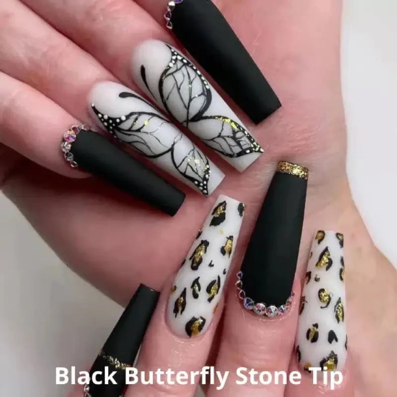 Black Butterfly Stone Tip 3  STILETTO NAIL TIPS Nails LE' HOST HAIR & WIGS