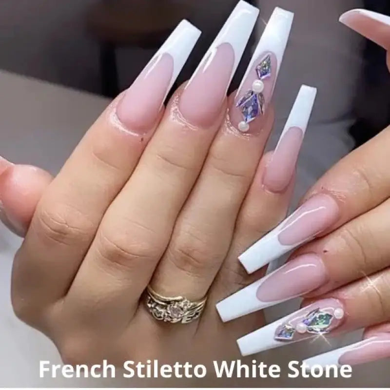 French Stiletto White Stone 3  STILETTO NAIL TIPS Nails LE' HOST HAIR & WIGS