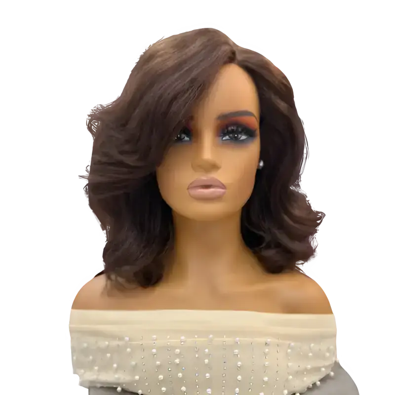 Zion synthetic wig with medium-length voluminous curls, perfect for formal occasions.